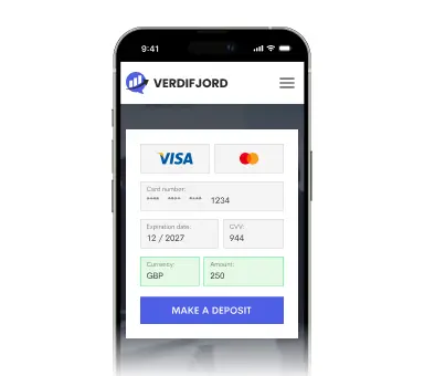 Mobile deposit page on Verdifjord with secure card payment details